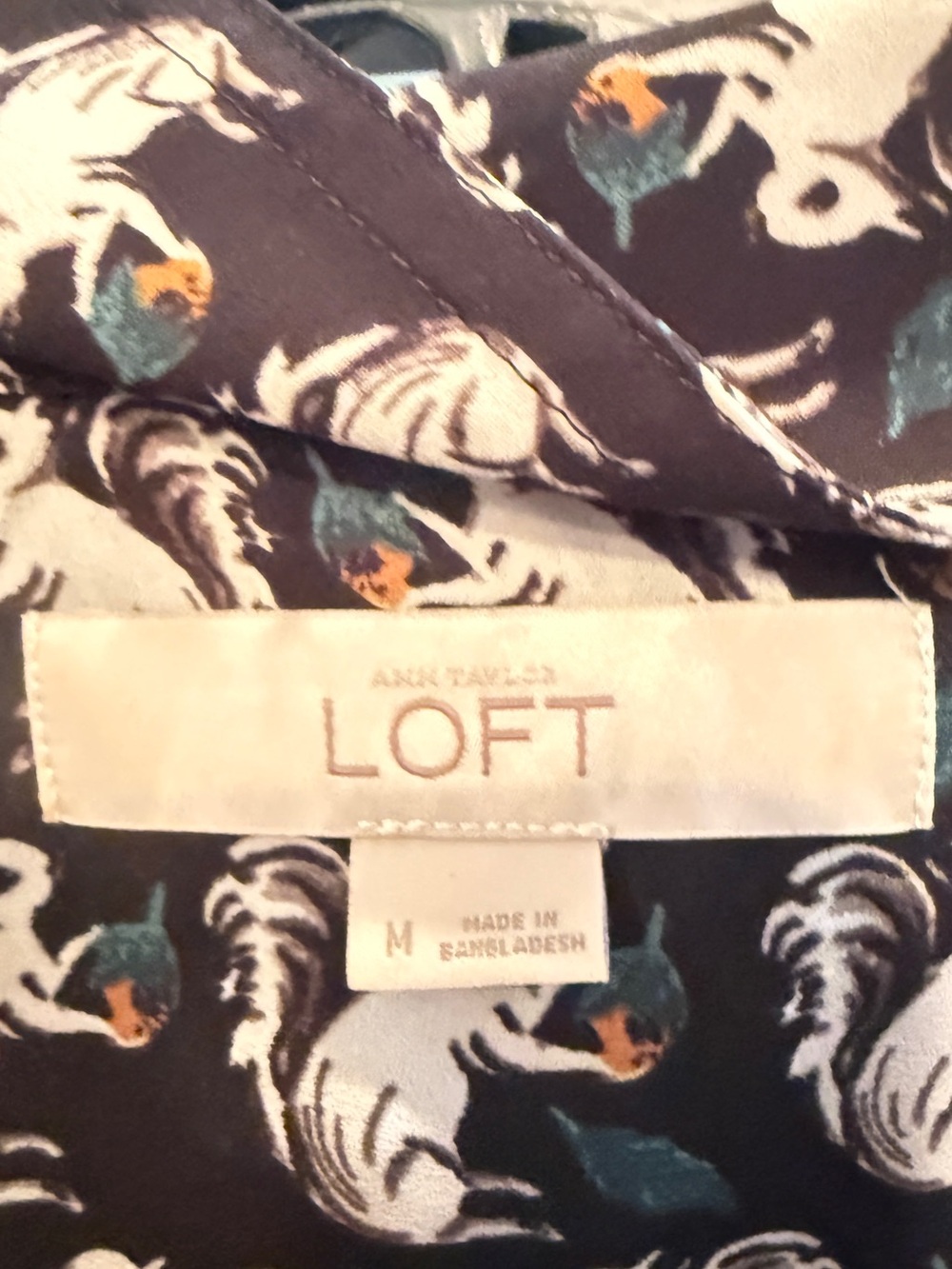 LOFT Black Blouse with White and Teal Squirrel Print - Picture 2 of 6